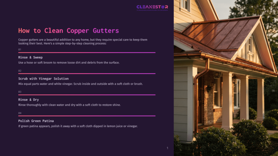 1 How To Clean Copper Gutters Copper Gutters Gleam On A House, Reflecting The Warm Sunlight. The Image Also Includes Text From A Guide On How To Clean Copper Gutters, Listing Steps Like &Quot;Rinse &Amp; Sweep&Quot; And &Quot;Scrub With Vinegar Solution.