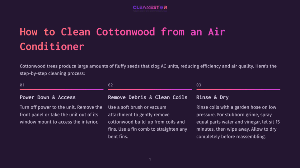1 How To Clean Cottonwood From An Air Conditioner Infographic Titled &Quot;How To Clean Cottonwood From An Air Conditioner&Quot; With Three Steps: Power Down &Amp; Access, Remove Debris &Amp; Clean Coils, And Rinse &Amp; Dry. The Background Is A Dark Purple Gradient.