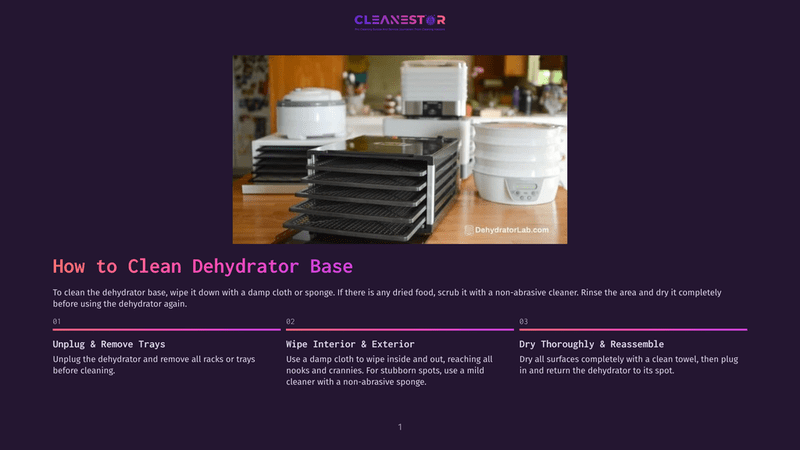1 How To Clean Dehydrator Base A Food Dehydrator With Multiple Stacked Trays Sits On A Counter Next To Two White Dehydrator Units. The Text &Quot;Cleanestor&Quot; Is Visible At The Top, And &Quot;How To Clean Dehydrator Base&Quot; Is Prominently Displayed Below The Image.