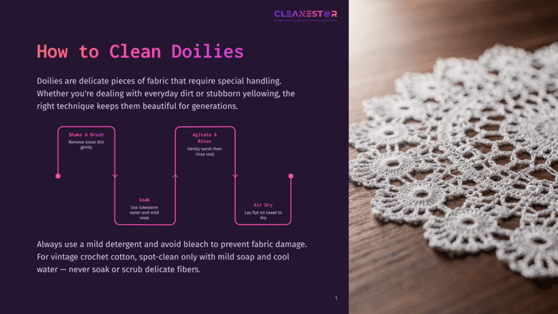 1 How To Clean Doilies Close-Up Of A Delicate, White Crochet Doily With Intricate Floral Patterns Resting On A Rustic Wooden Surface. Text Overlay Provides Cleaning Instructions For Doilies.
