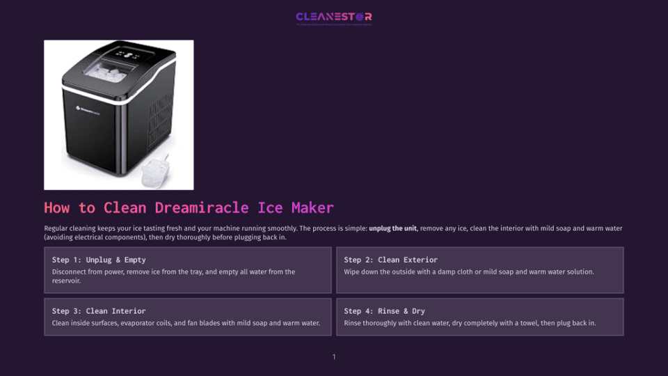 1 How To Clean Dreamiracle Ice Maker A Dreamiracle Ice Maker Is Shown With Its Lid Open, Revealing Ice Cubes And A Scoop. The Text &Quot;How To Clean Dreamiracle Ice Maker&Quot; Is Prominently Displayed Below.