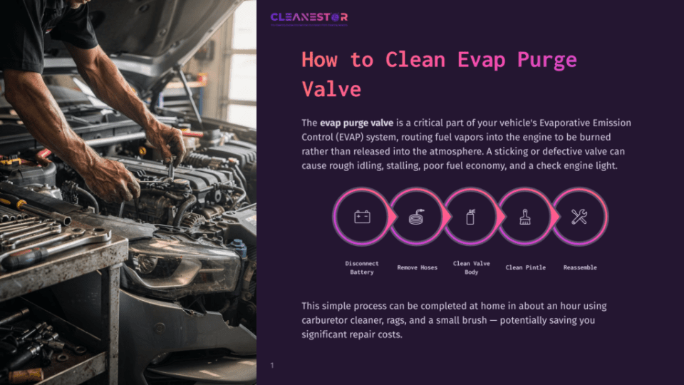 1 How To Clean Evap Purge Valve Mechanic Works On A Car Engine, With Tools Laid Out On The Fender. The Image Displays Text &Quot;Cleanestor&Quot; And &Quot;How To Clean Evap Purge Valve&Quot;.