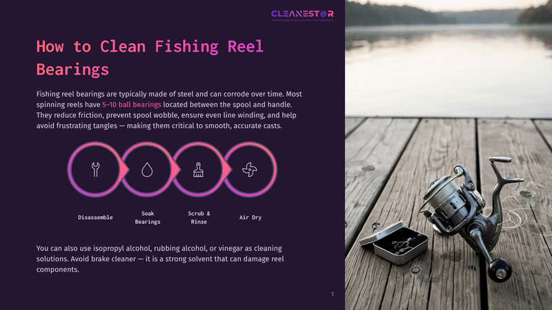 1 How To Clean Fishing Reel Bearings A Fishing Reel Sits On A Wooden Dock Next To An Open Tackle Box, With A Serene Lake In The Background. The Image Also Features Text About &Quot;How To Clean Fishing Reel Bearings&Quot; And A Diagram Of Cleaning Steps.
