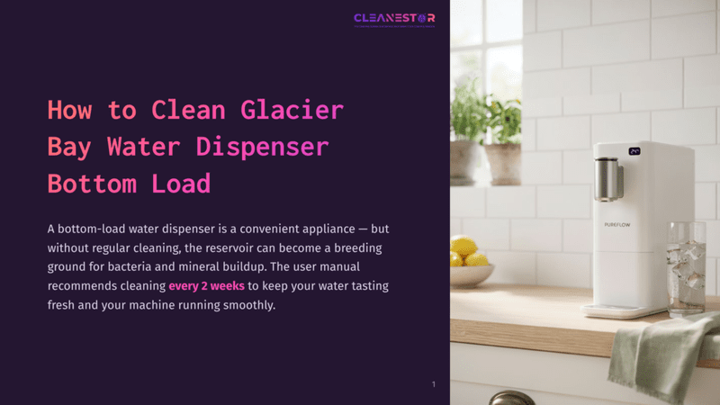 1 How To Clean Glacier Bay Water Dispenser Bottom Load A White Pureflow Bottom-Load Water Dispenser Sits On A Kitchen Counter Next To A Glass Of Ice Water And Lemons. The Dispenser Screen Displays &Quot;24ยฐ&Quot;.