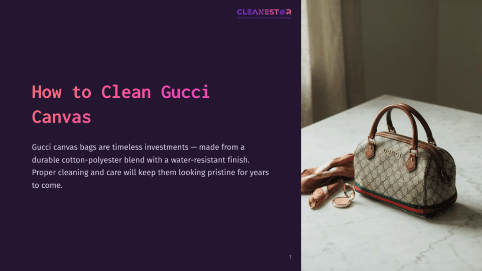 1 How To Clean Gucci Canvas A Classic Gucci Duffle Bag With Signature Gg Monogram Canvas And Brown Leather Trim Sits On A Marble Table Next To A Patterned Scarf.
