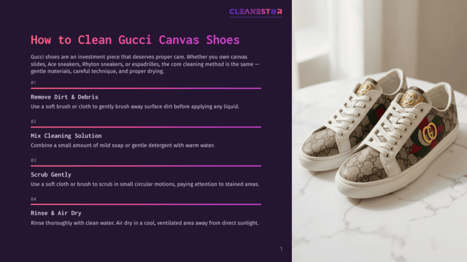 1 How To Clean Gucci Canvas Shoes Gucci Canvas Shoes With Iconic Gg Logo And Red And Green Stripe Detail, Placed On A Marble Countertop.
