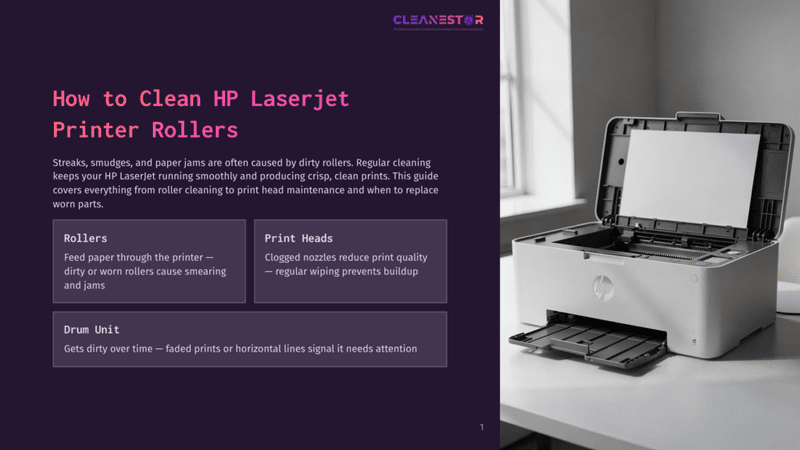 1 How To Clean Hp Laserjet Printer Rollers A White Hp Laserjet Printer Is Open With Its Lid Up, Revealing The Internal Rollers And Drum Unit, Ready For Cleaning.