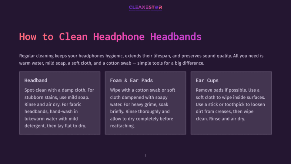 1 How To Clean Headphone Headbands Infographic Titled &Quot;How To Clean Headphone Headbands&Quot; With Sections On Cleaning Headbands, Foam And Ear Pads, And Ear Cups, Offering Tips For Hygiene And Longevity.
