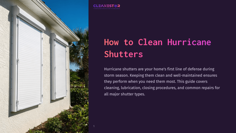 1 How To Clean Hurricane Shutters Cleanestor Logo And Title: &Quot;How To Clean Hurricane Shutters&Quot; On A Dark Background, With A Photo Of White Hurricane Shutters On A House.