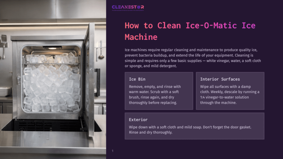 1 How To Clean Ice O Matic Ice Machine An Open Ice Machine, Labeled Cleanestor, Is Filled With Fresh, Clear Ice Cubes. The Interior Features A Metal Bin And Shelves, With The Machine'S Exterior Visible To The Left.
