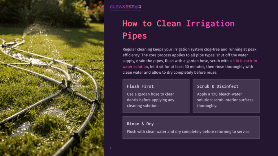 1 How To Clean Irrigation Pipes Water Sprays From An Irrigation Pipe Onto A Lush Green Lawn, Illustrating The Process Of Cleaning Irrigation Pipes As Described In The Accompanying Text.