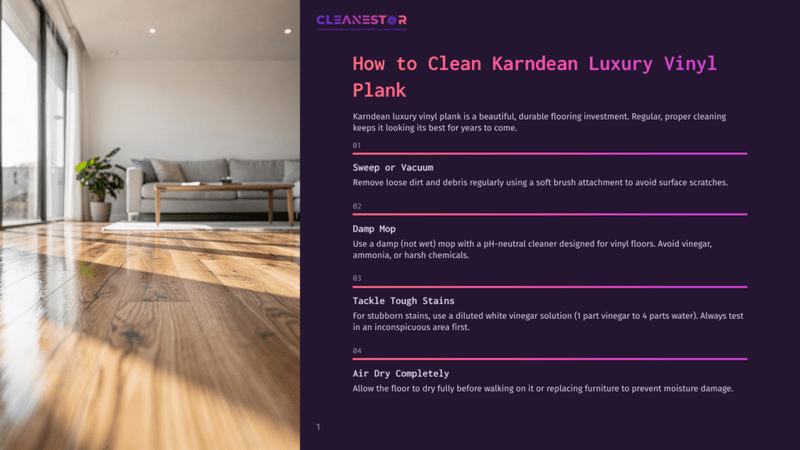 1 How To Clean Karndean Luxury Vinyl Plank A Sunlit Living Room With A Beautiful, Reflective Luxury Vinyl Plank Floor. A Modern Sofa And A Potted Plant Are Visible In The Background, With Natural Light Streaming In.