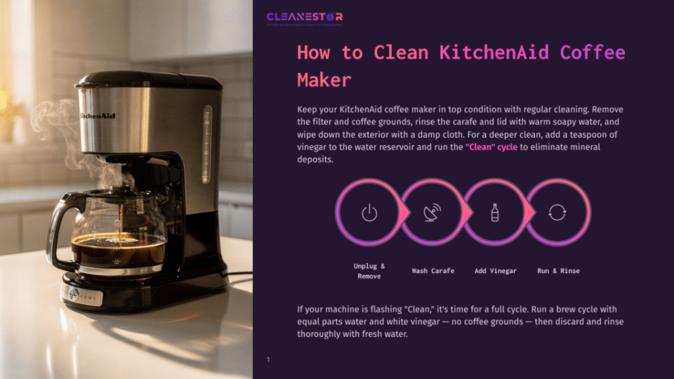 1 How To Clean Kitchenaid Coffee Maker 1 A Kitchenaid Coffee Maker Brews Coffee In A Modern Kitchen, With Steam Rising From The Carafe. Text Overlay Provides Instructions On How To Clean A Kitchenaid Coffee Maker.