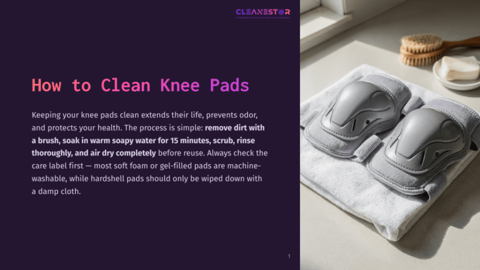 1 How To Clean Knee Pads Gray Knee Pads Rest On A White Towel Next To A Bar Of Soap And A Wooden Scrub Brush, Bathed In Sunlight.