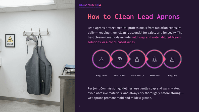1 How To Clean Lead Aprons A Gray Lead Apron Hangs On A Hook Next To A Radiation Caution Sign, With Instructions On How To Clean Lead Aprons Displayed On A Dark Purple Background.