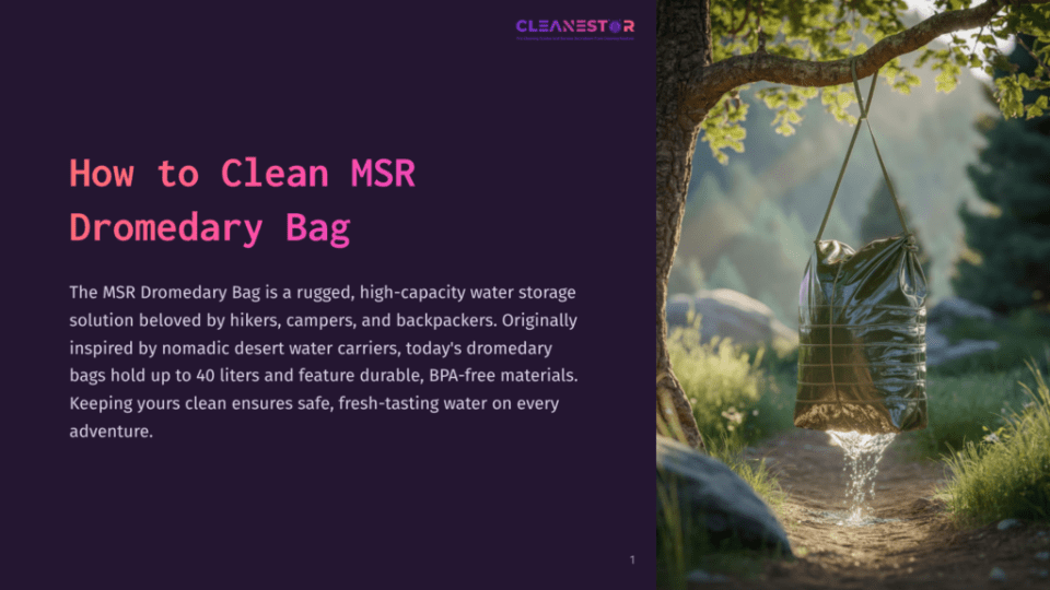 1 How To Clean Msr Dromedary Bag A Green Msr Dromedary Bag, Full Of Water, Hangs From A Tree Branch, With Water Dripping Into A Grassy Forest Clearing. Text On The Left Reads: &Quot;How To Clean Msr Dromedary Bag.
