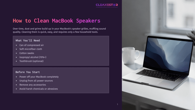 1 How To Clean Macbook Speakers A Silver Macbook Pro Sits Open On A White Desk Next To A White Mug, With A Blurred Background Of A Window And City Skyline. The Screen Displays A Graphic With The Text &Quot;Cleanestor&Quot; And &Quot;How To Clean Macbook Speakers.