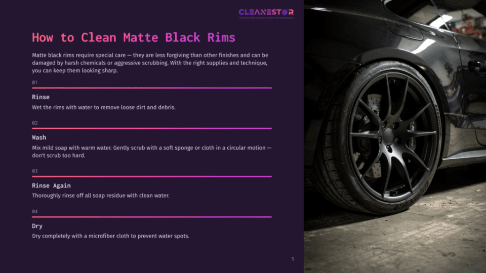 1 How To Clean Matte Black Rims Close-Up Of A Matte Black Rim On A Car, Showcasing Its Sleek Finish And Intricate Spoke Design. The Car'S Tire Is Visible, And The Background Is Dark And Slightly Blurred, Highlighting The Wheel.