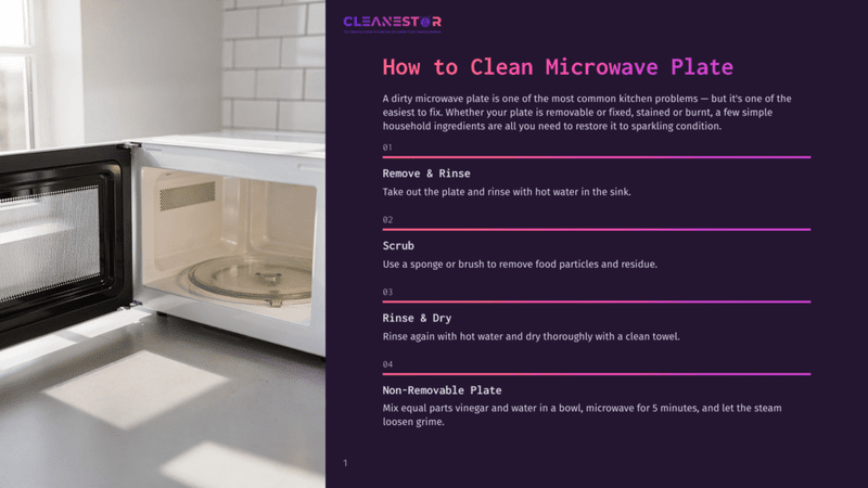 1 How To Clean Microwave Plate An Open White Microwave With A Glass Turntable Plate Visible Inside. The Text Overlay Reads &Quot;Cleanestor How To Clean Microwave Plate&Quot;.
