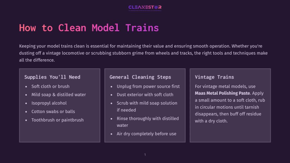 1 How To Clean Model Trains 1 How To Clean Model Trains: Supplies Needed, General Cleaning Steps, And Vintage Train Cleaning Advice Are Presented On A Dark Purple Background With The Cleanestor Logo At The Top.