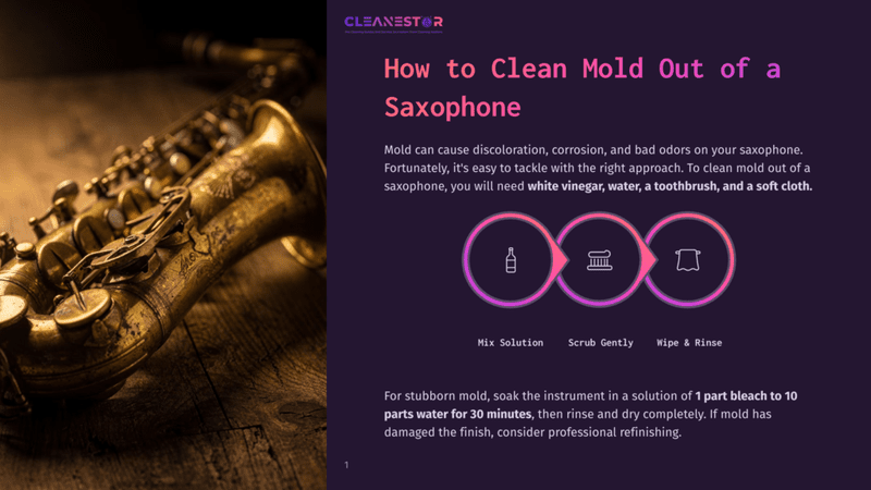 1 How To Clean Mold Out Of A Saxophone A Brass Saxophone Rests On A Wooden Surface With A Purple Background, Showcasing Its Intricate Design. The Image Includes Icons For Mixing A Cleaning Solution, Scrubbing Gently, And Wiping And Rinsing, All Surrounded By A Pink Circle.