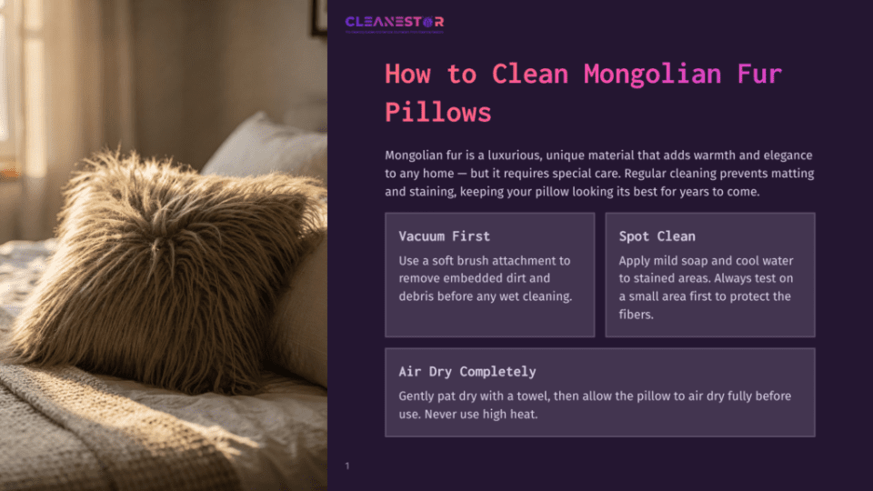 1 How To Clean Mongolian Fur Pillows A Fluffy, Textured Mongolian Fur Pillow Sits On A Bed, Bathed In Warm Sunlight. The Image Is Part Of A &Quot;How To Clean Mongolian Fur Pillows&Quot; Guide, Featuring Cleaning Tips.