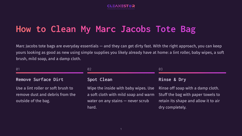 1 How To Clean My Marc Jacobs Tote Bag Infographic Titled &Quot;How To Clean My Marc Jacobs Tote Bag&Quot; With Three Steps: Remove Surface Dirt, Spot Clean, And Rinse &Amp; Dry, Offering Cleaning Tips For Tote Bags.