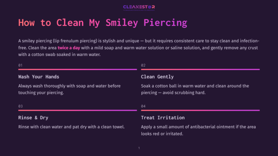 1 How To Clean My Smiley Piercing Infographic Titled &Quot;How To Clean My Smiley Piercing&Quot; With Steps: Wash Your Hands, Clean Gently, Rinse &Amp; Dry, Treat Irritation. The Background Is Dark Purple With Vibrant Pink And Orange Gradient Lines.