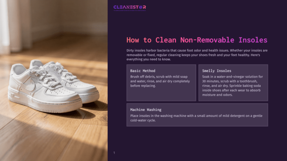 1 How To Clean Non Removable Insoles Cleanestor Logo At The Top Of A Page With Instructions On How To Clean Non-Removable Insoles, Featuring A Pair Of Clean White Sneakers On A Wooden Floor.