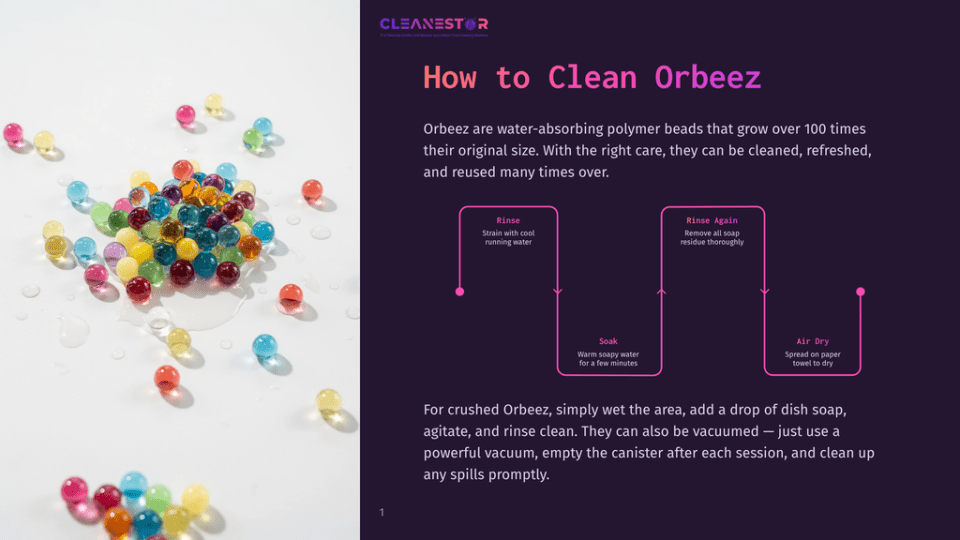 1 How To Clean Orbeez Colorful Orbeez Water Beads Are Scattered Across A Dark Background, With A Graphic Overlay Explaining &Quot;How To Clean Orbeez&Quot; With Step-By-Step Instructions: Rinse, Soak, Rinse Again, And Air Dry.