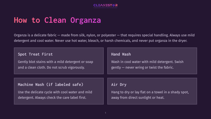 1 How To Clean Organza Diagram Titled &Quot;How To Clean Organza&Quot; With Four Sections: Spot Treat First, Hand Wash, Machine Wash (If Labeled Safe), And Air Dry. Cleanestor Logo At The Top.