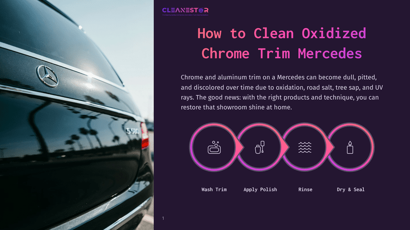 1 How To Clean Oxidized Chrome Trim Mercedes Close-Up Of The Rear Of A Black Mercedes-Benz With A Chrome Mercedes-Benz Emblem And &Quot;S 500&Quot; Badging. The Text &Quot;How To Clean Oxidized Chrome Trim Mercedes&Quot; Is Overlaid On The Right Side Of The Image.