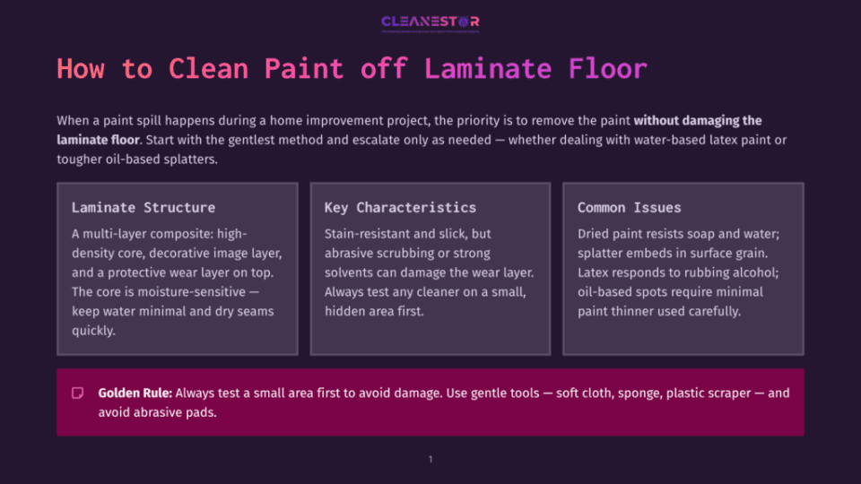 1 How To Clean Paint Off Laminate Floor Cleanestor Logo And Title: &Quot;How To Clean Paint Off Laminate Floor.&Quot; Three Columns Detail Laminate Structure, Characteristics, And Common Issues, With A &Quot;Golden Rule&Quot; Tip At The Bottom.