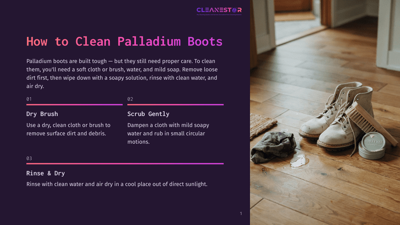 1 How To Clean Palladium Boots Close-Up Of Light Beige Palladium Boots Being Cleaned On A Wooden Floor. A Soft Cloth, A Wooden Brush, And A Tin Of Shoe Polish Are Visible, With Water Droplets And Dirt On The Floor, Suggesting A Cleaning Process.