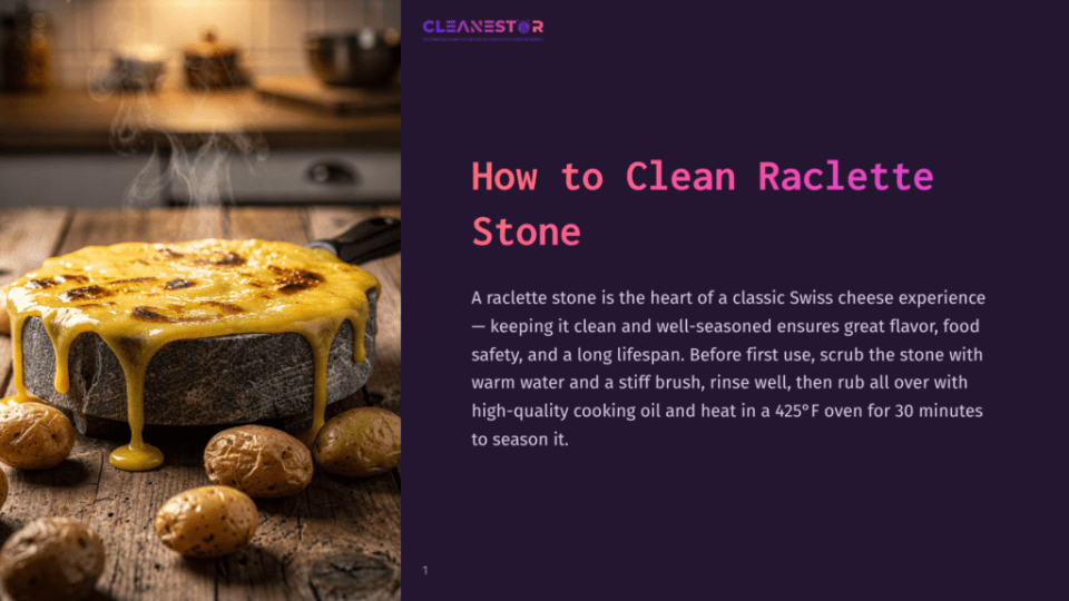 1 How To Clean Raclette Stone A Rustic Raclette Stone Is Covered In Melted Swiss Cheese, With Roasted Potatoes On The Side, Set Against A Blurred Kitchen Background. Text Overlay: &Quot;Cleanestor - How To Clean Raclette Stone&Quot;.
