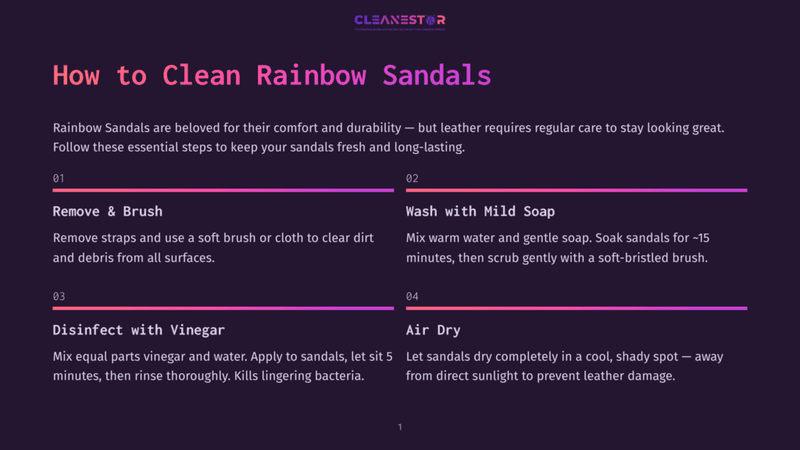 1 How To Clean Rainbow Sandals Infographic With Text Detailing How To Clean Rainbow Sandals: Remove &Amp; Brush, Wash With Mild Soap, Disinfect With Vinegar, Air Dry. Features The Cleanestor Logo.