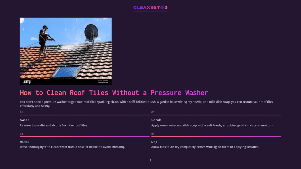 1 How To Clean Roof Tiles Without A Pressure Washer A Man Pressure Washes A Red Tiled Roof, Spraying Water To Clean The Tiles. A Blue Sky With Clouds Is Visible In The Background.