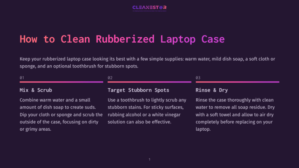 1 How To Clean Rubberized Laptop Case Illustration For &Quot;How To Clean Rubberized Laptop Case,&Quot; Detailing Three Steps: Mix &Amp; Scrub With Soap And Water, Target Stubborn Spots With A Toothbrush, And Rinse &Amp; Dry With A Soft Towel.