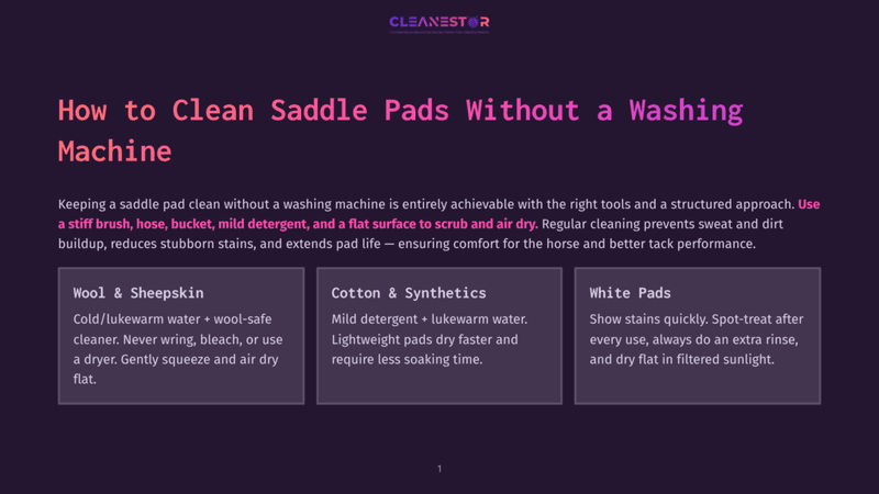 1 How To Clean Saddle Pads Without A Washing Machine Cleanestor Graphic With Title &Quot;How To Clean Saddle Pads Without A Washing Machine&Quot;. Sections Detail Cleaning Methods For Wool &Amp; Sheepskin, Cotton &Amp; Synthetics, And White Pads.