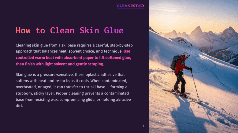 1 How To Clean Skin Glue A Skier With A Red Backpack Stands On A Snow-Covered Mountain Slope At Sunset, Bathed In Warm Light. The Cleanestor Logo And Title &Quot;How To Clean Skin Glue&Quot; Are Visible On A Dark Background.