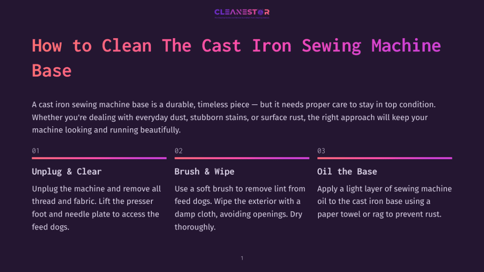 1 How To Clean The Cast Iron Sewing Machine Base Illustration Detailing How To Clean The Cast Iron Sewing Machine Base, With Steps For Unplugging, Brushing, And Oiling.