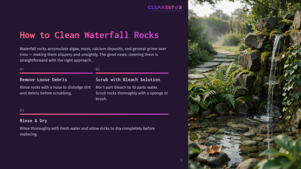 1 How To Clean Waterfall Rocks A Serene Backyard Waterfall Cascades Over Dark, Moss-Covered Rocks Into A Clear Pond. Lush Green Ferns And Plants Surround The Water Feature, With A Stone Pathway Leading Into The Garden. The Image Is Part Of A Guide On &Quot;How To Clean Waterfall Rocks.