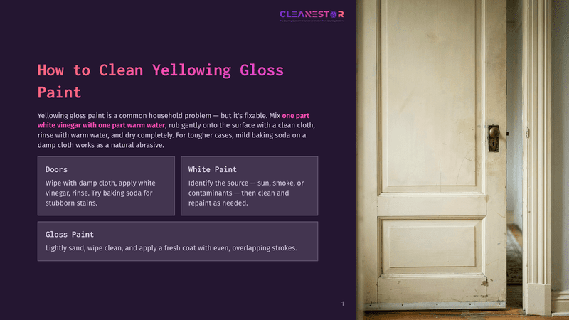 1 How To Clean Yellowing Gloss Paint A Close-Up Of A White Wooden Door With A Slightly Yellowed Gloss Paint Finish, Showing Signs Of Age And Wear. The Door Has A Traditional Paneled Design And A Vintage Brass Doorknob.
