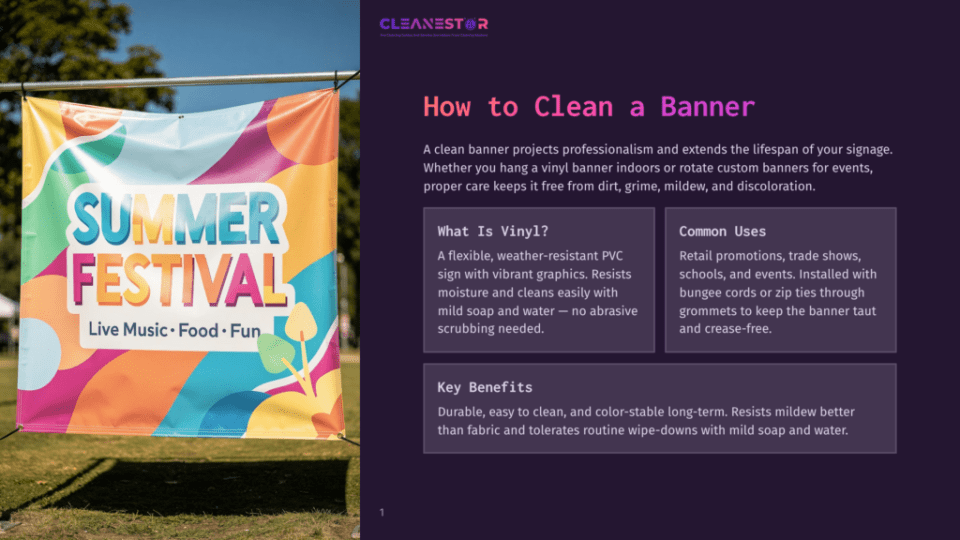 1 How To Clean A Banner Summer Festival&Quot; Banner With Text &Quot;Live Music Food Fun&Quot; Hangs Outdoors, Vibrant Colors, Promoting A Vinyl Banner Event.