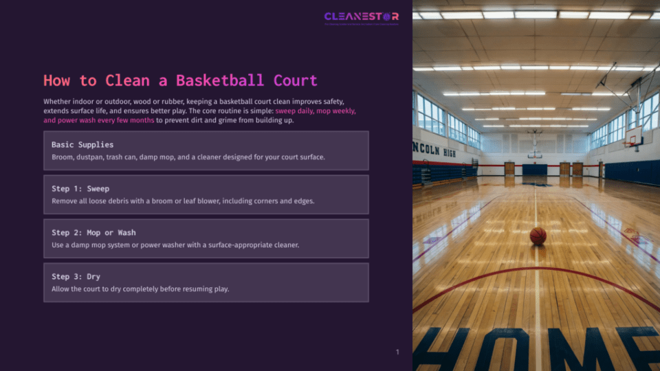 1 How To Clean A Basketball Court A Polished Wooden Basketball Court Inside A Gymnasium, With A Basketball Resting On The Floor. The Text &Quot;Cleanestor&Quot; And &Quot;How To Clean A Basketball Court&Quot; Are Visible.