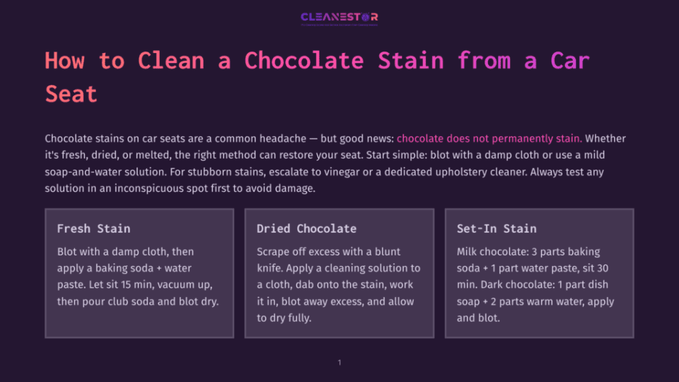 1 How To Clean A Chocolate Stain From A Car Seat How To Clean A Chocolate Stain From A Car Seat: Instructions For Fresh, Dried, And Set-In Stains, With Cleaning Solutions And Steps.