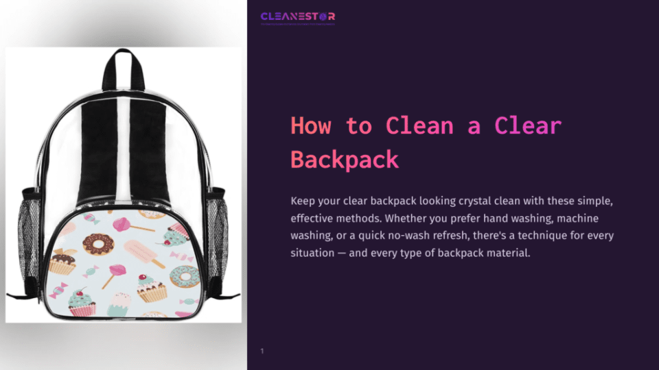 1 How To Clean A Clear Backpack A Clear Backpack With A Colorful Cupcake And Donut Pattern, Featuring Black Straps And Mesh Side Pockets. The Text &Quot;Cleanestor&Quot; Is Visible At The Top Of The Image.