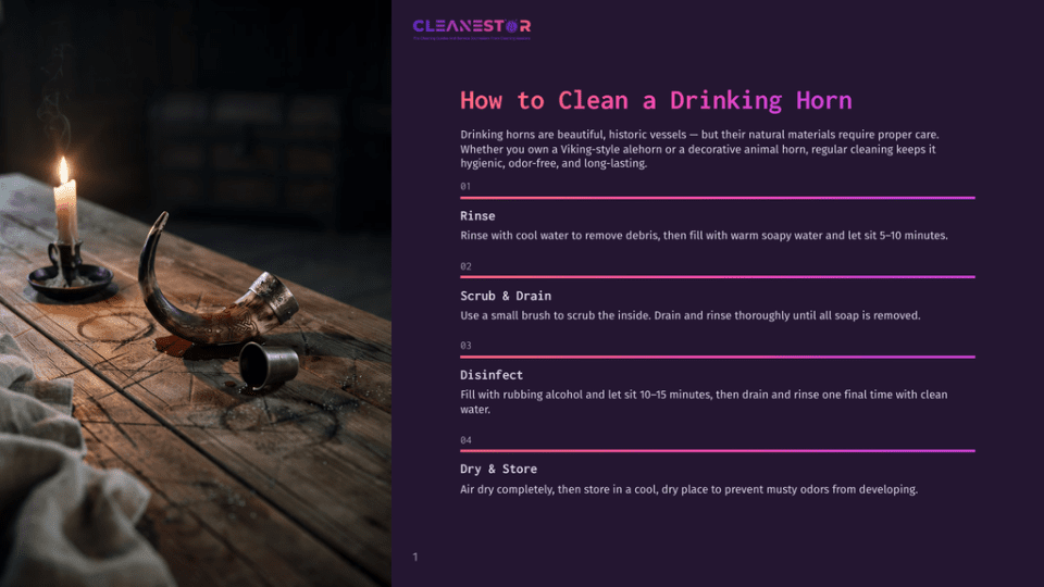 1 How To Clean A Drinking Horn A Viking Drinking Horn Sits On A Rustic Wooden Table Next To A Lit Candle And A Small Metal Cup. The Horn Is Intricately Carved And Has A Dark, Polished Finish. Instructions For Cleaning The Horn Are Visible On The Right Side Of The Image.