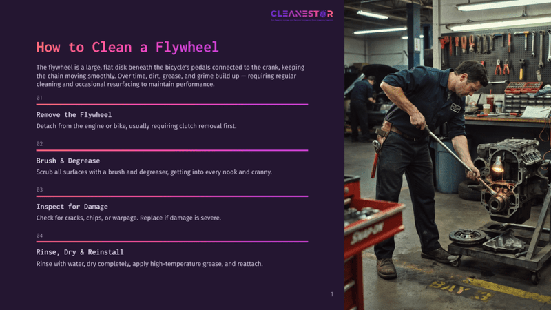 1 How To Clean A Flywheel Mechanic In A Blue Shirt Works On A Car Engine On A Stand In A Garage, With Tools And Car Parts In The Background.