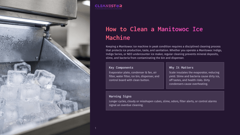 1 How To Clean A Manitowoc Ice Machine Cleanestor Logo And &Quot;How To Clean A Manitowoc Ice Machine&Quot; Title Text On A Dark Background. Close-Up Of A Bin Overflowing With Fresh, Clear Ice Cubes.